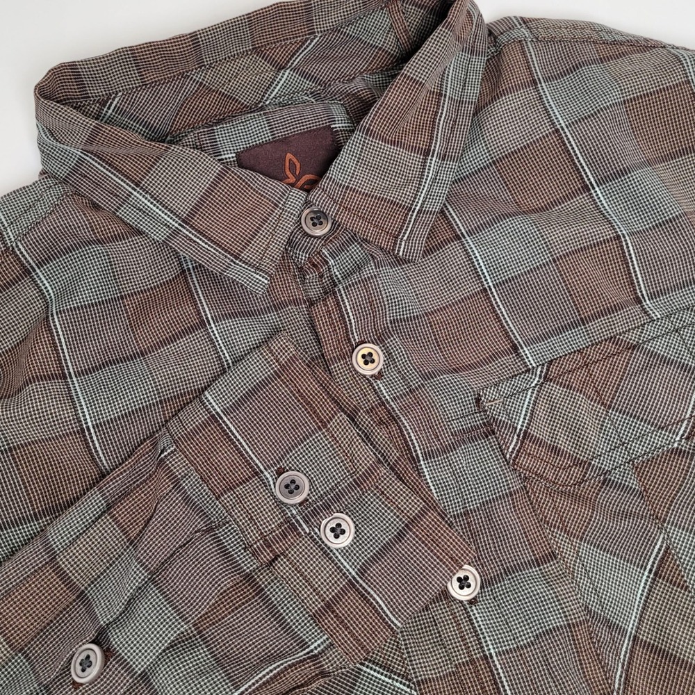 Prana Plaid Button Down Men Size Medium Brown Teal Excllnt M2TERR114 Long Sleeve